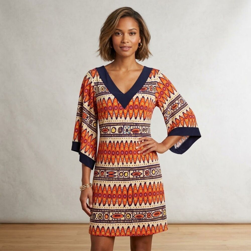 Trina Turk Silk Sheath Dress Womens Size 2 Tribal V-Neck Kaftan Sleeves Artsy